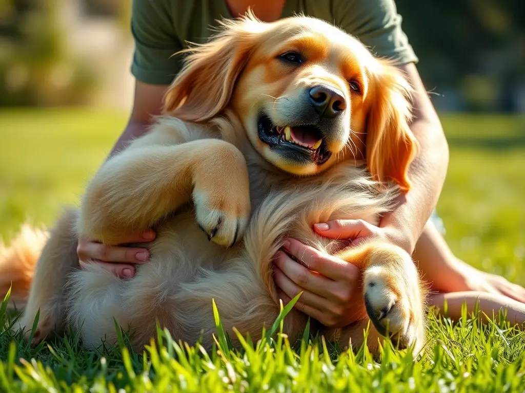 Imagen fotográfica de humano y golden retriever juntos, jugando al sol