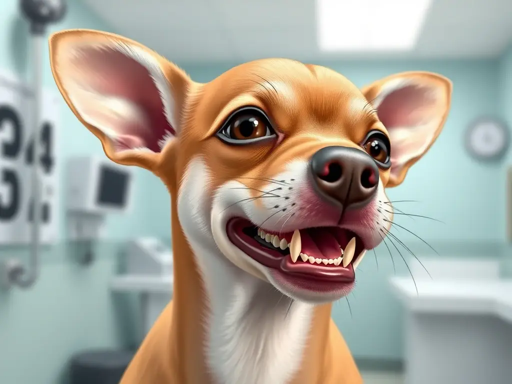 Imagen realista de una clínica veterinaria moderna con un cachorro chihuahua con dentadura afilada