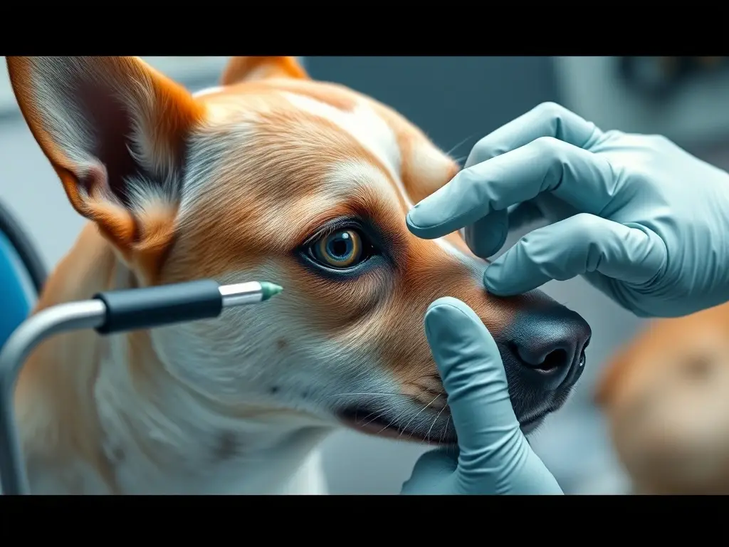 Imagen realística de un veterinario examinando el ojo de un Perro de Perrito Bizco