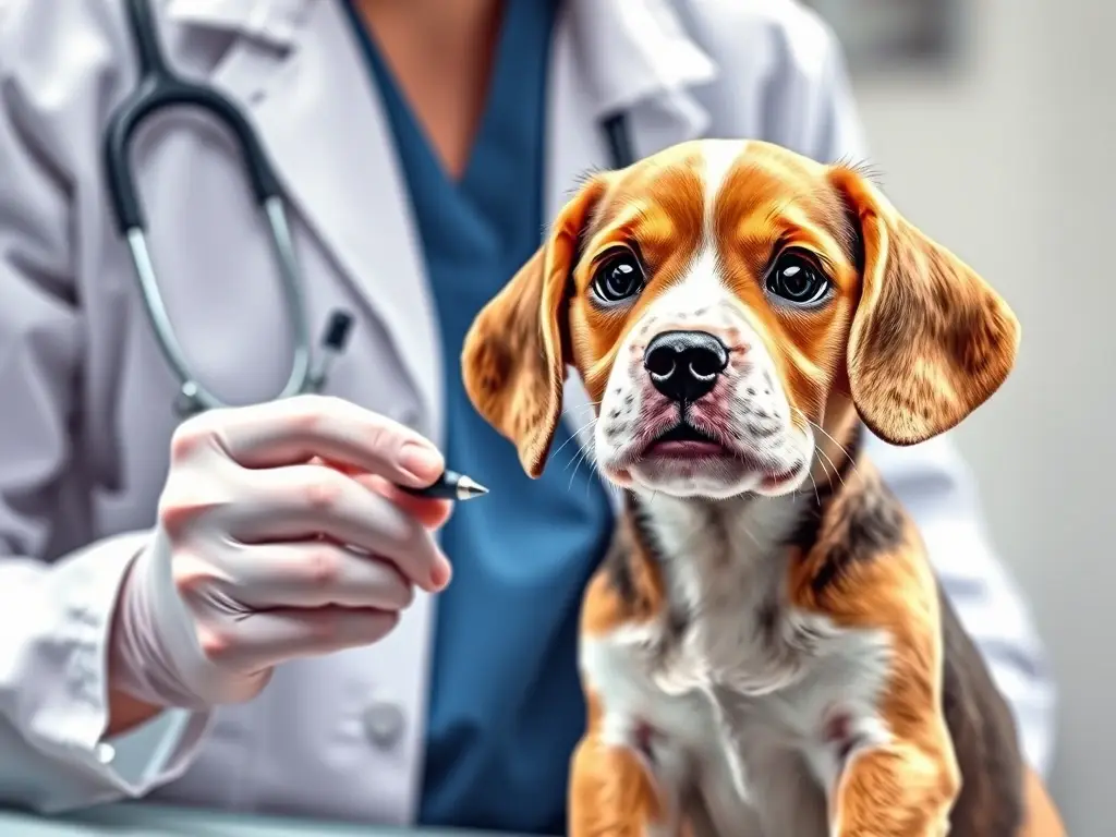 Escultura detallada y realística de un veterinario examinando a un cachorro beagle con estrabismo