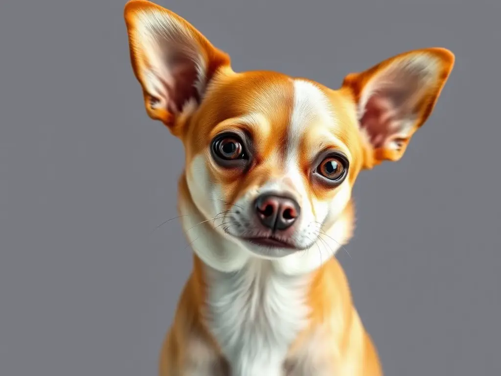 Fotografía realista de un chihuahua con estrabismo, sin texto ni marcas