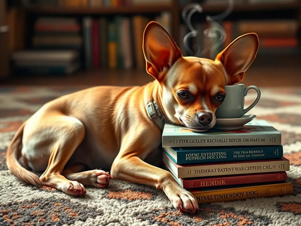 Un retrato realista de un chihuahua descansando en un cojín con un libro y una taza de café