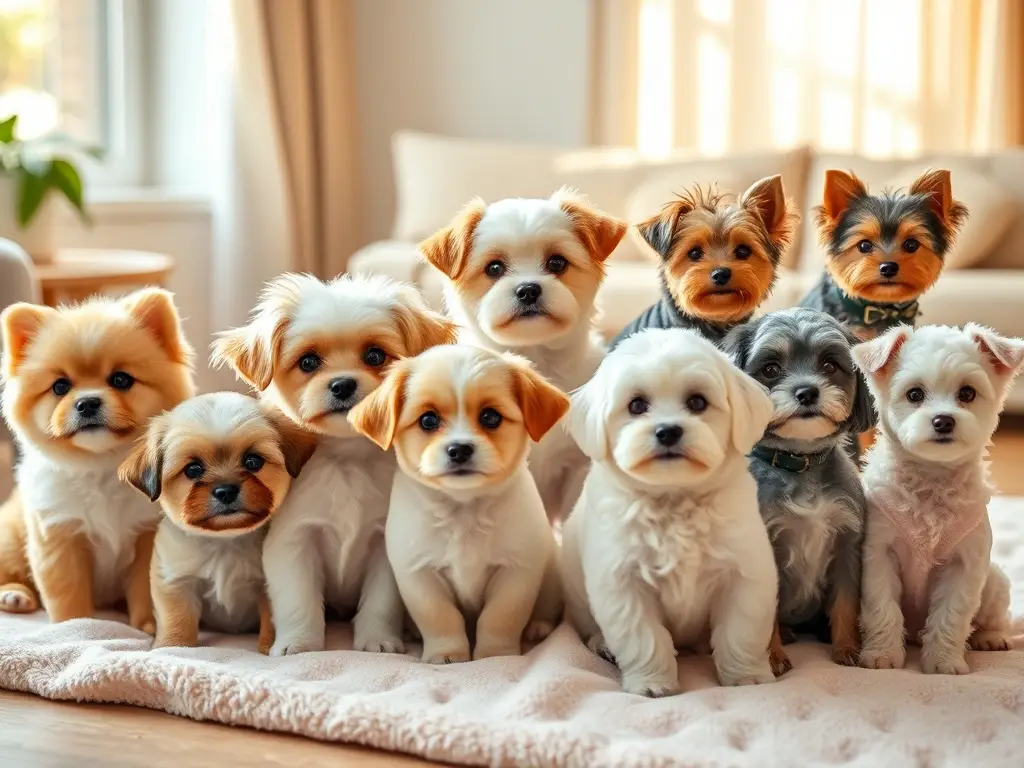 Pequeños perritos esponjosos en manta pastel