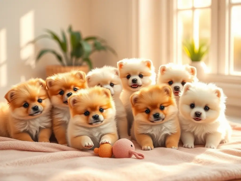 Cachorros pomeranian adorables en manta pastel