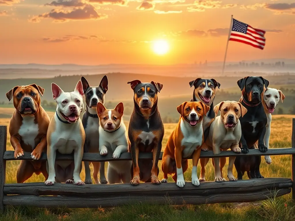 Diez perros americanos posan bajo bandera