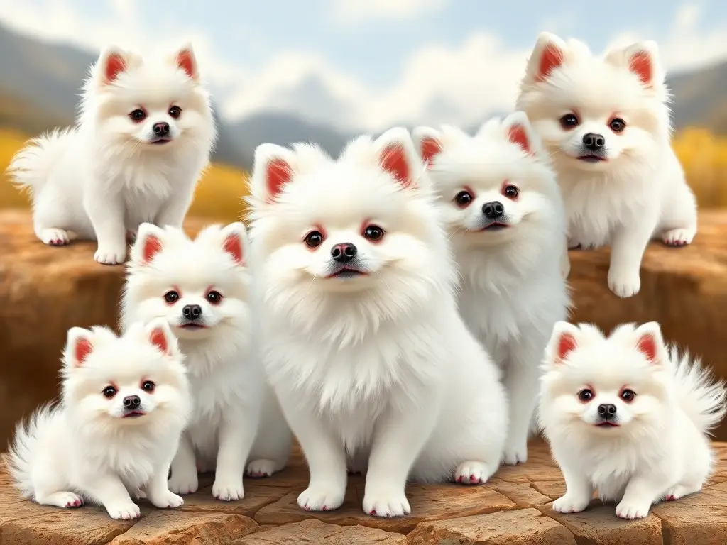 Fotorealista de perros Pomerania blanco con poses y paisajes