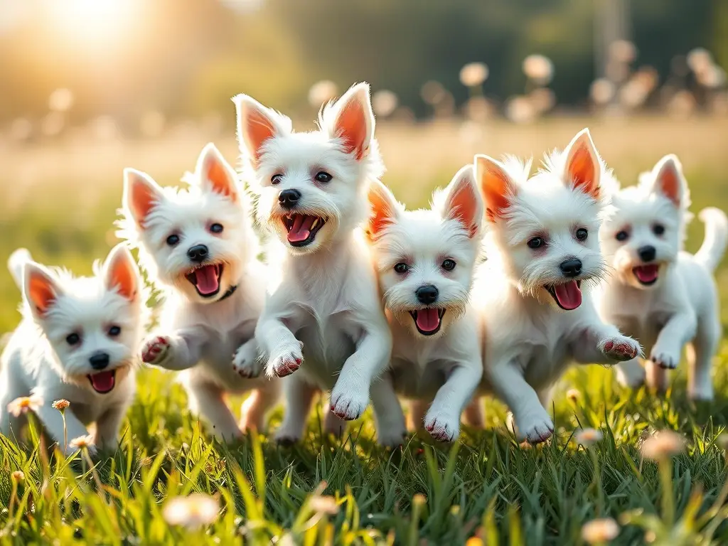 Fotografía realista de terriers blancos felices en un campo