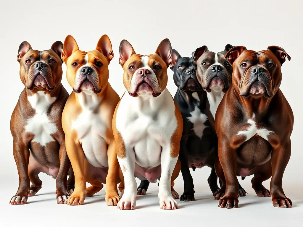 Cinco American Bully distintos en estudio fotorealista