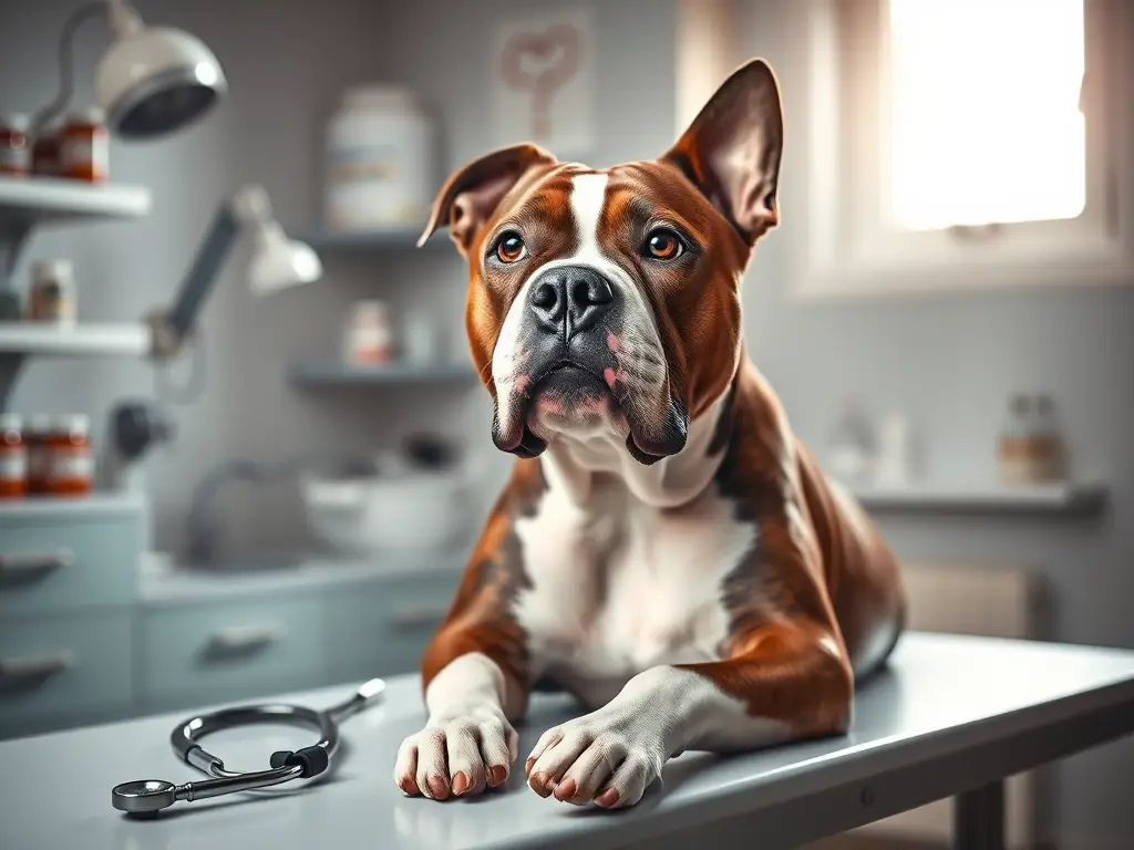 American Bully en mesa veterinaria, fotorealista