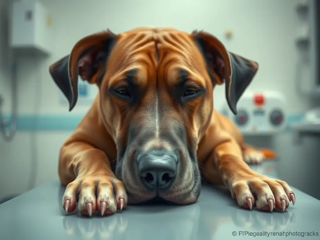 Fotografía artística realista de un perro cansado, en mesa de veterinario