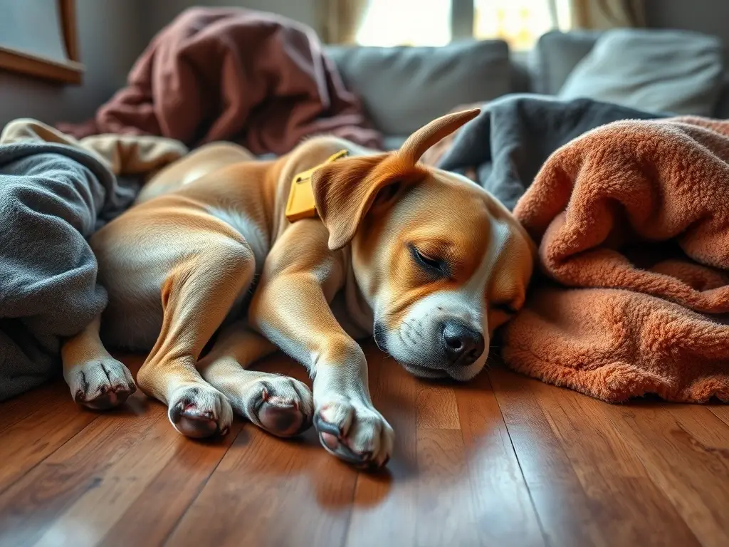 Imagen de un perro realista y de alta definición descansando en una habitación con un diseño de madera