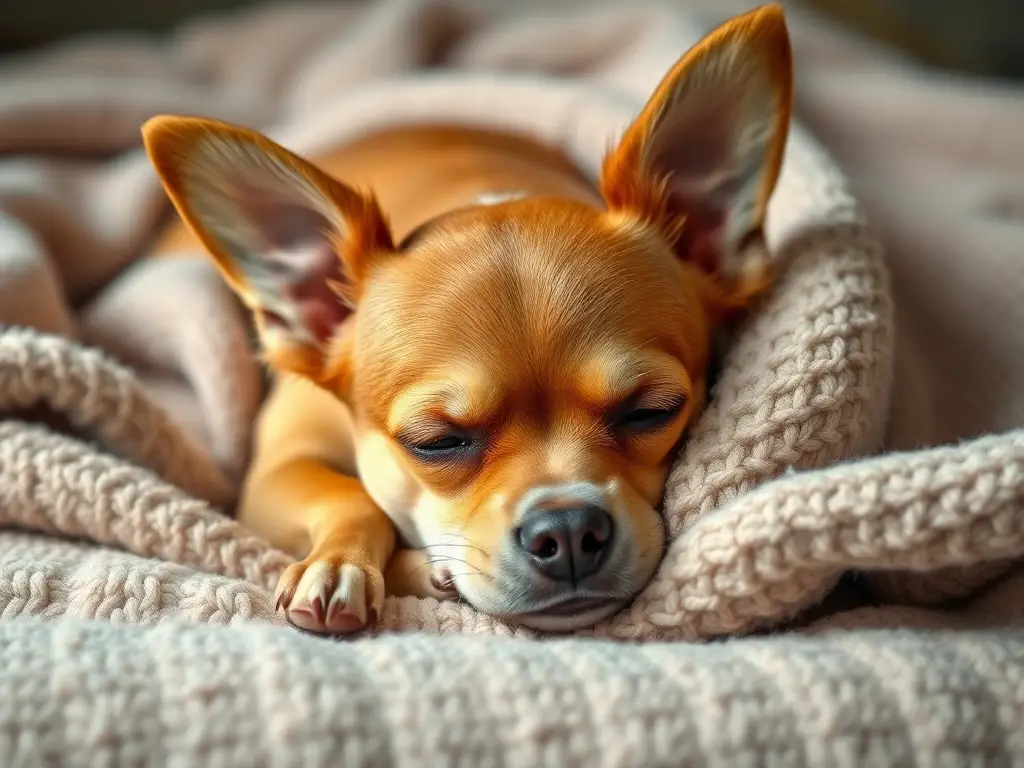 Foto realista de un chihuahua cansado en una manta suave