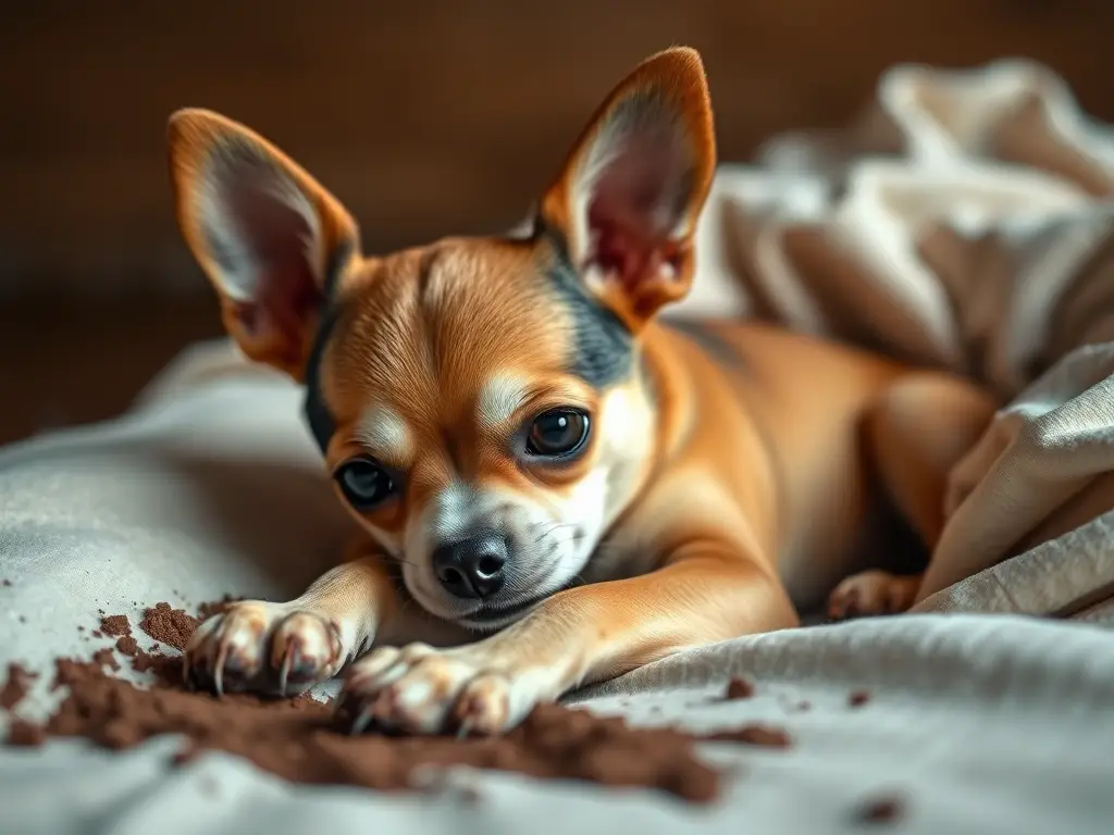 Fotografía realista de un chihuahua descansando en una cama suave con barro en las patas, con alta calidad