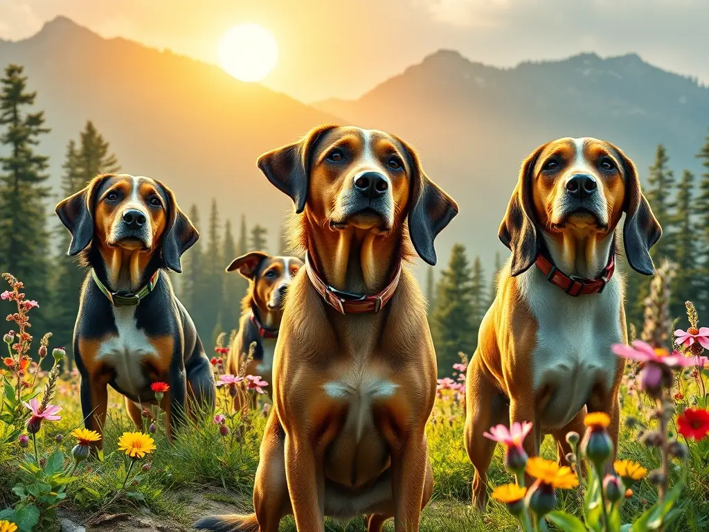 Fotorealista de perros de caza en un paisaje con flores
