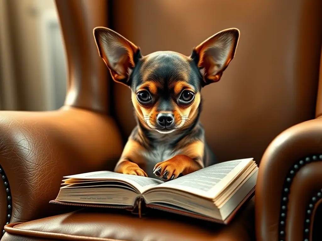 Una chihuahua brindle, con aspecto realista, leyendo en una silla