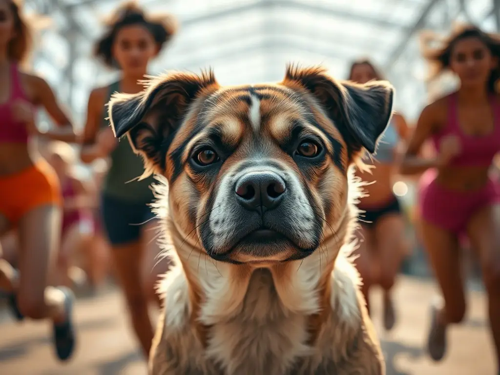 Es una fotografía realista de un perro mestizo con rasgos de león y pug