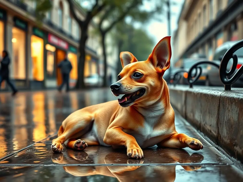 Foto real de un Chiweenie feliz en un paseo lluvioso en París