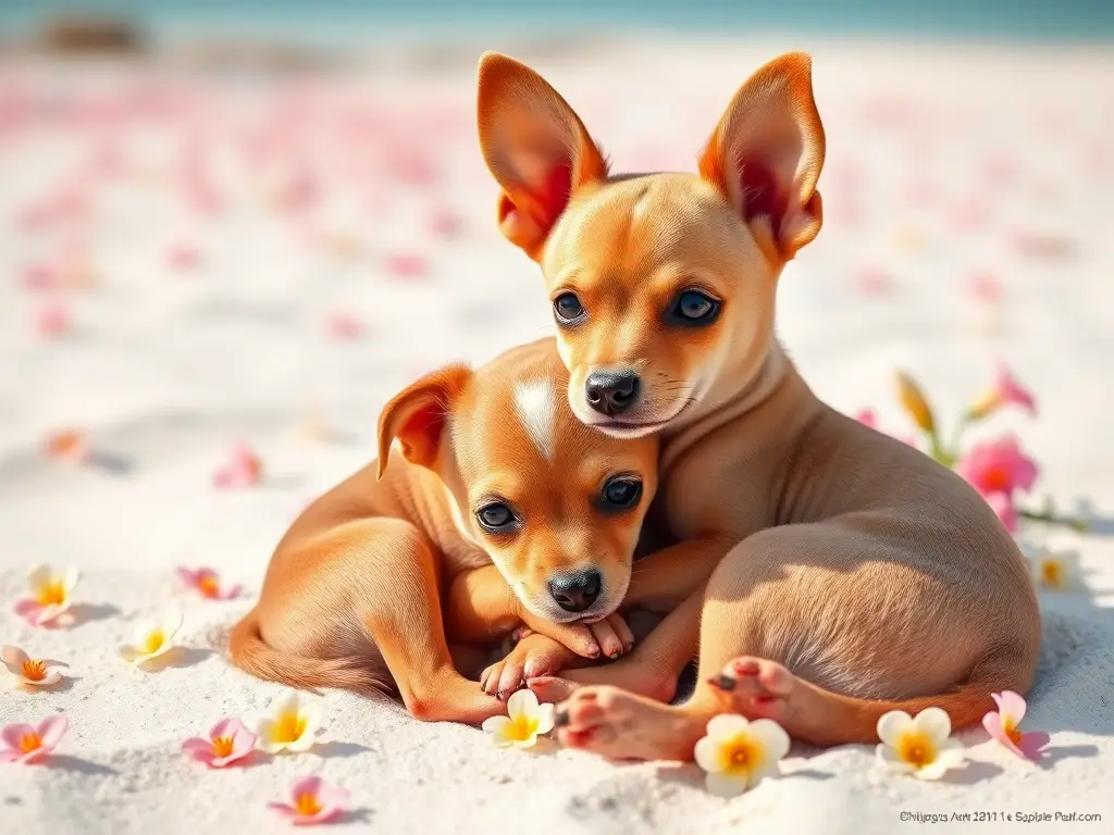 Fotocópia realista de dos cachorros chiweenie abrazados, sol y arena blanca con flores