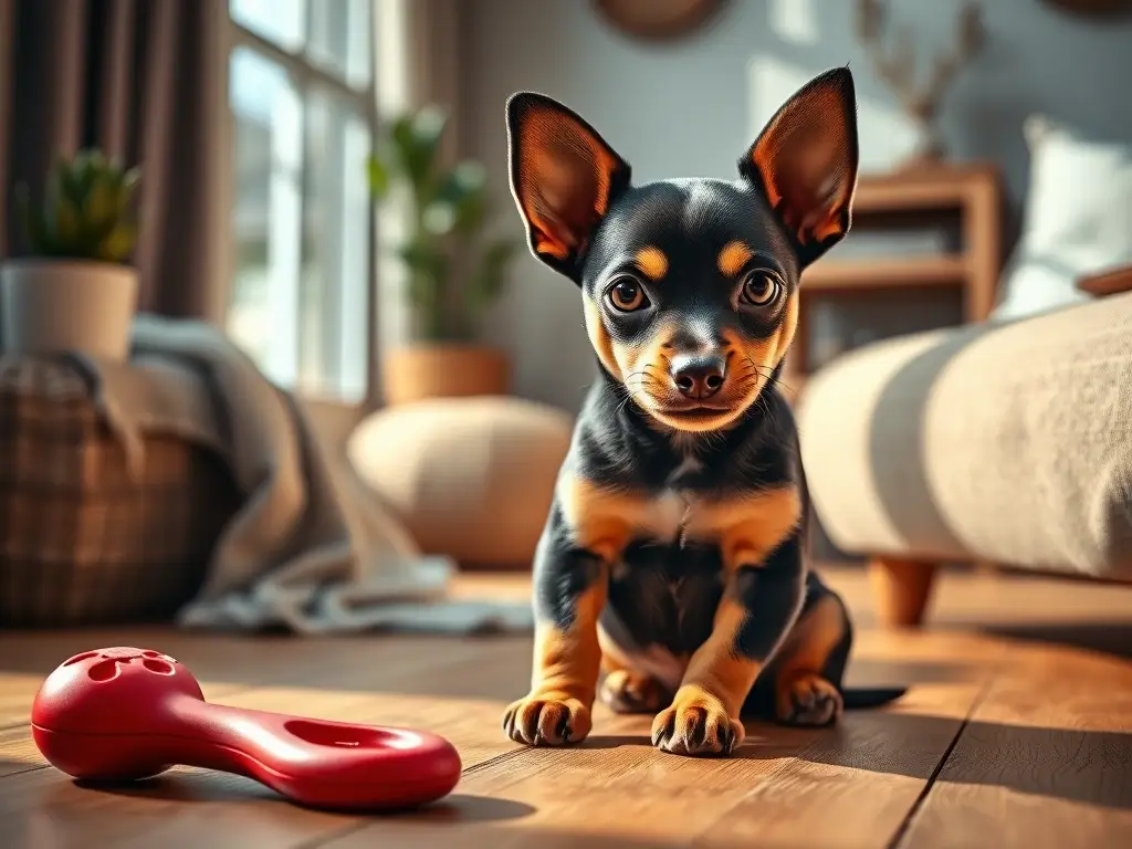 Chiweenie foto realista con juguete rojo