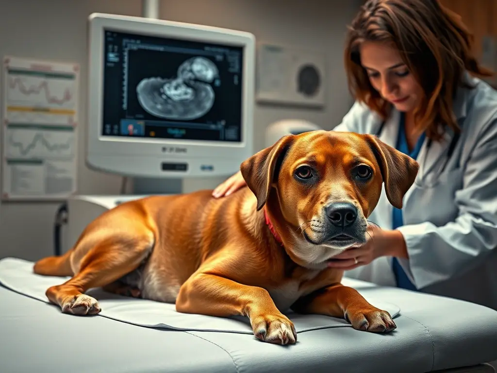 Perro preocupado en examen veterinario con ecografía