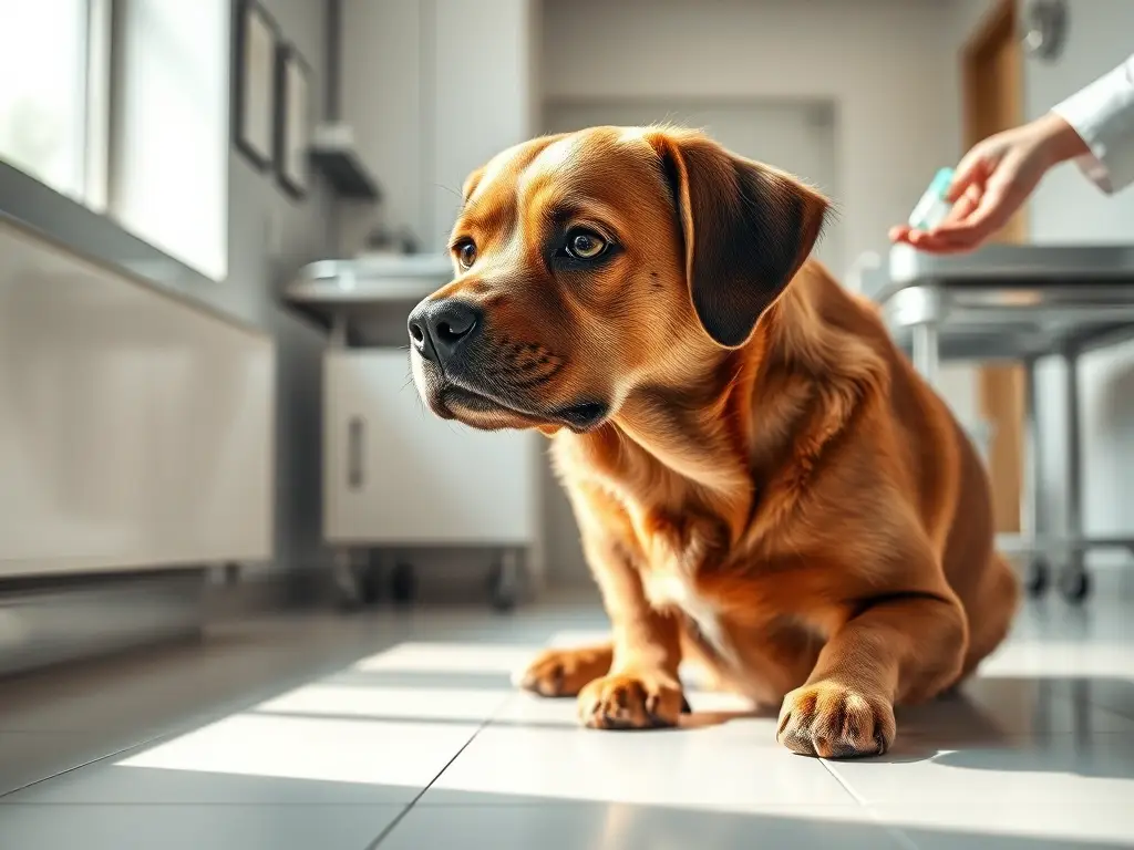 Perro marrón inquieto en clínica veterinaria