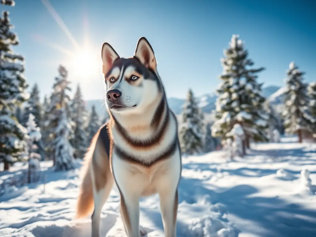 Retrato fotorrealista de Husky en bosque nevado