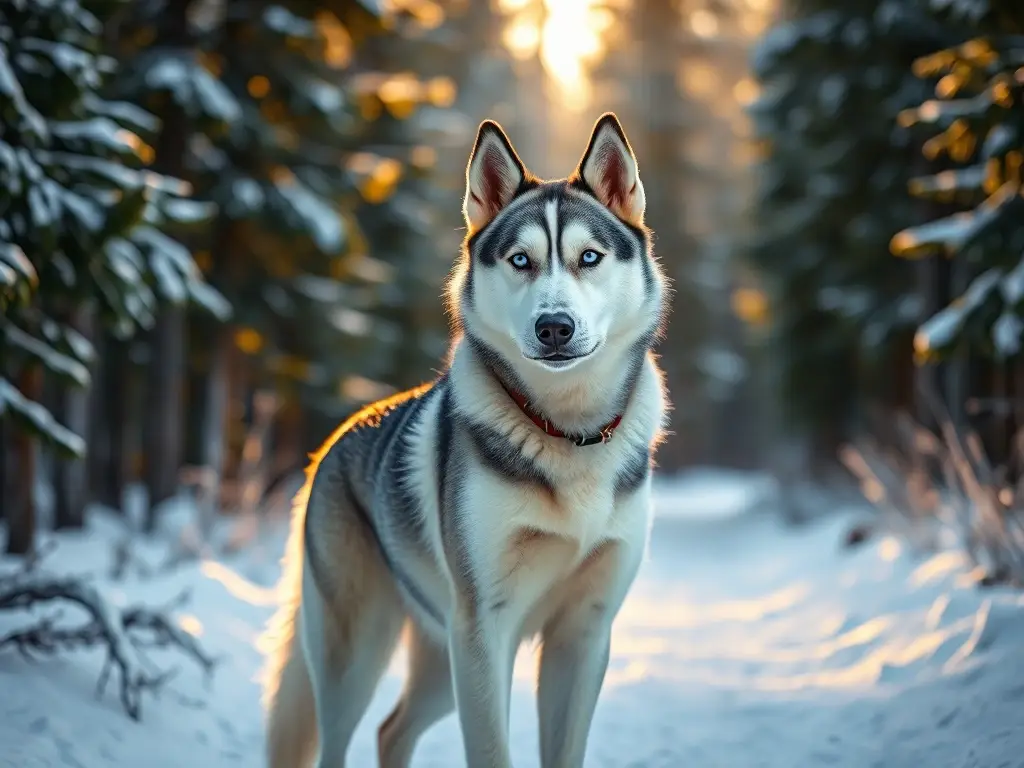 Majestuoso husky siberiano en bosque nevado