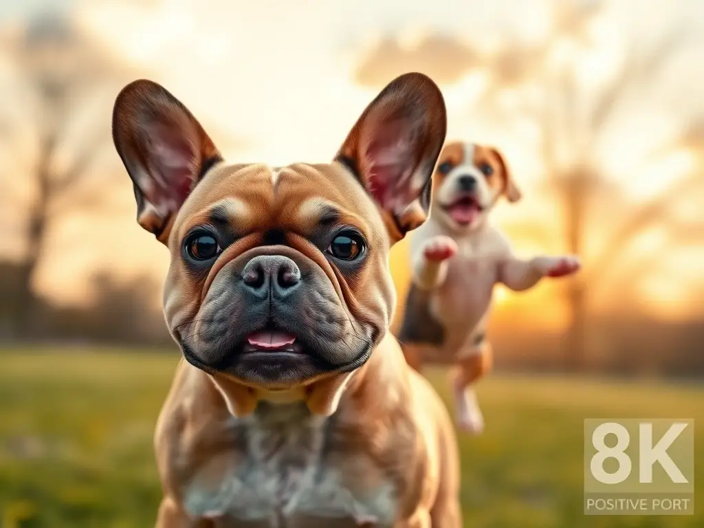 Fotografía realista de un frenchie con un cachorro de beagle jugando en un parque al atardecer
