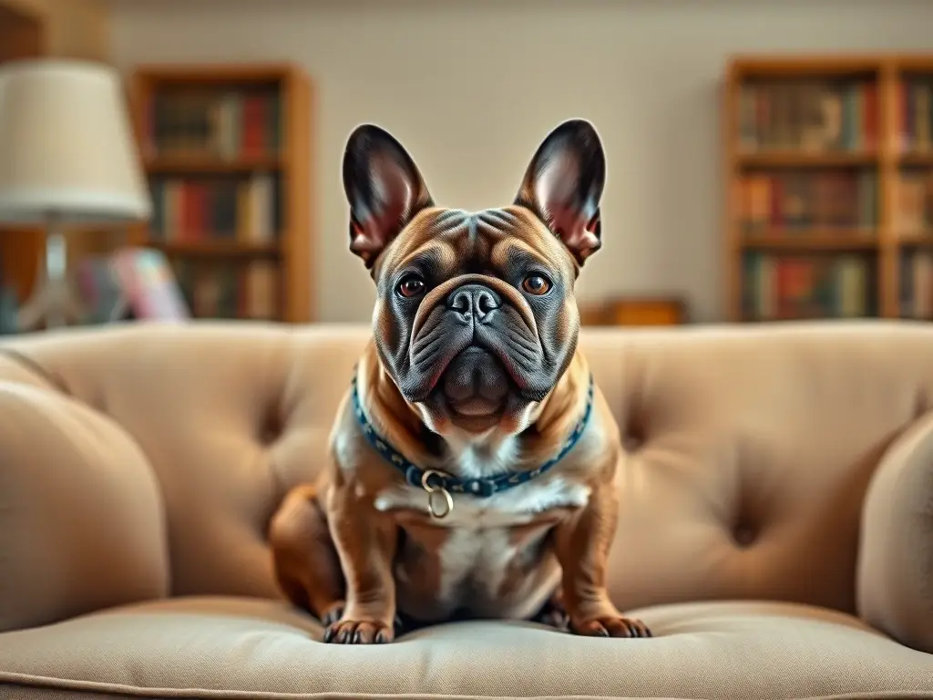 Foto realista de un Frenchie relajado en un sofá, elegante y nítido