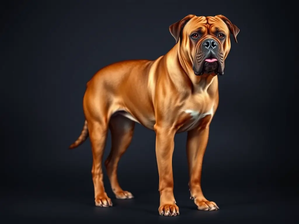 Es una fotorealistic retrato de un perro Dogo de Bordeaux con mirada serena
