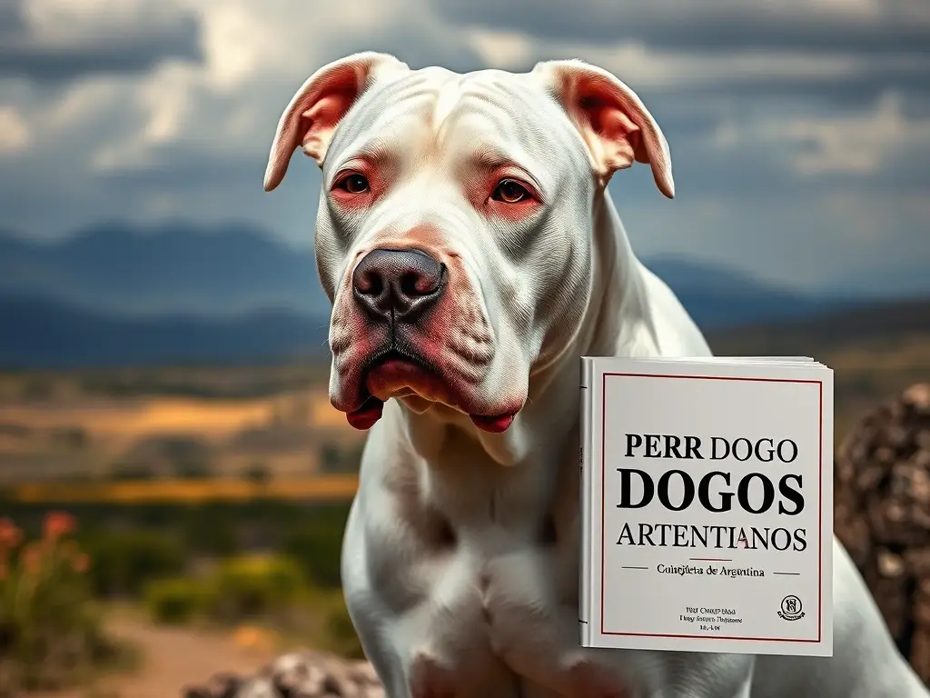 Fotografía realista de un Dogo Argentino en un paisaje argentino