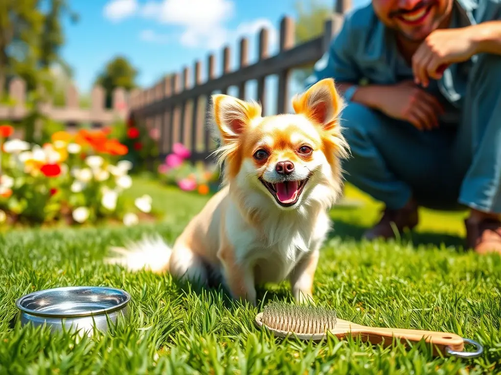 Pequeño perro feliz en jardín soleado