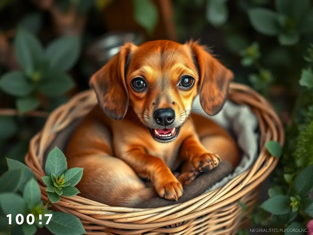 Photorealistic portrait of a happy Dachshund in a basket