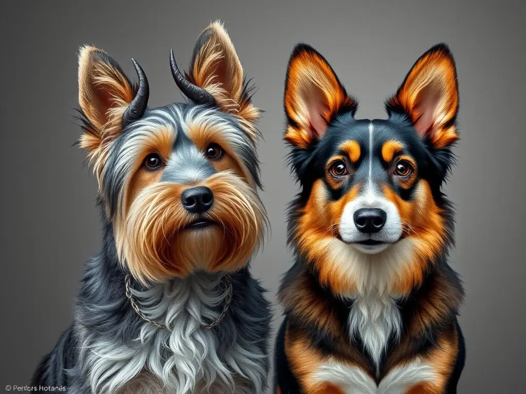 Foto realista de un escocés y corgi, precisa y con iluminación natural