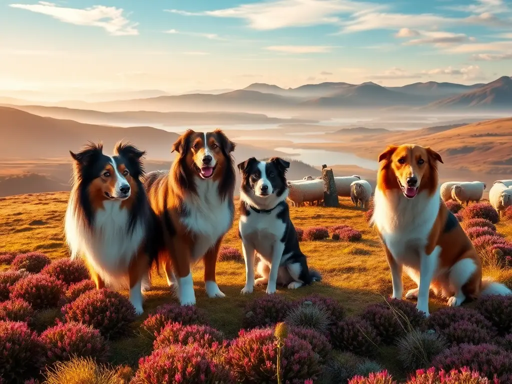 Collies sobre colina escocesa bajo luz dorada