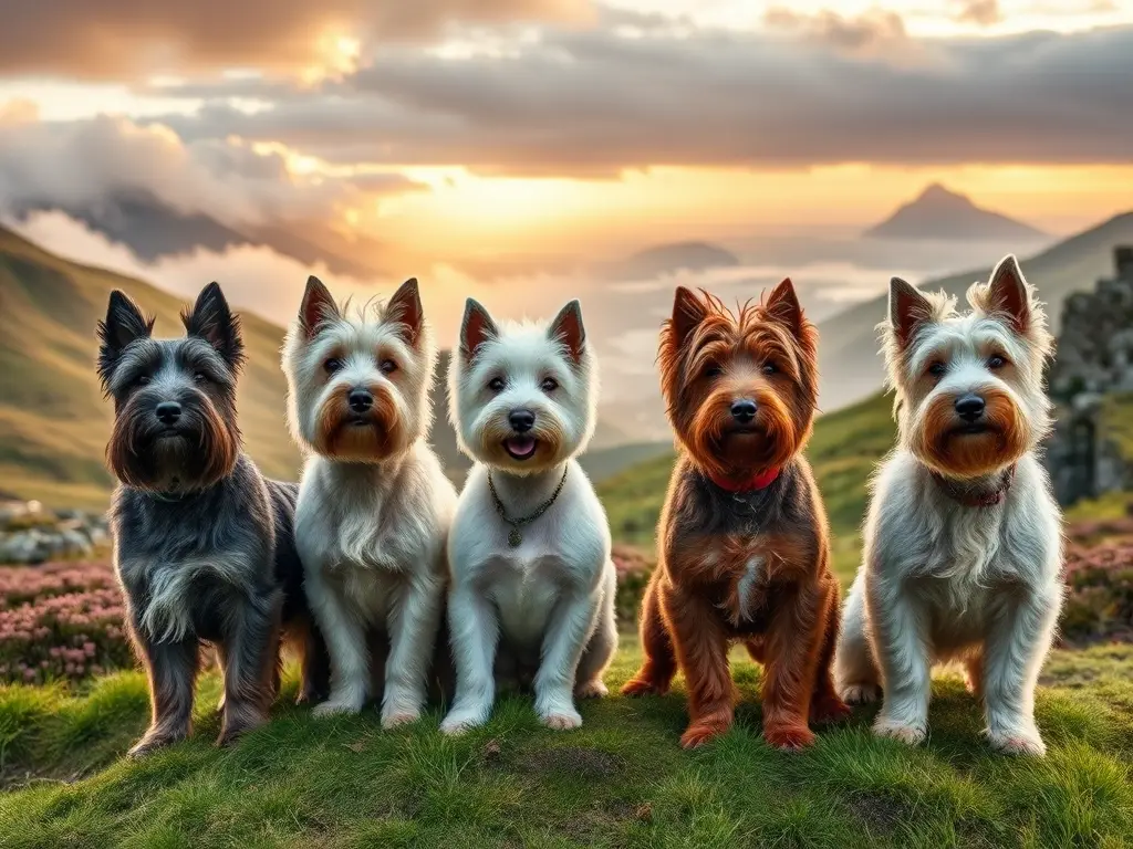 Cuatro terriers escoceses junto a ruinas