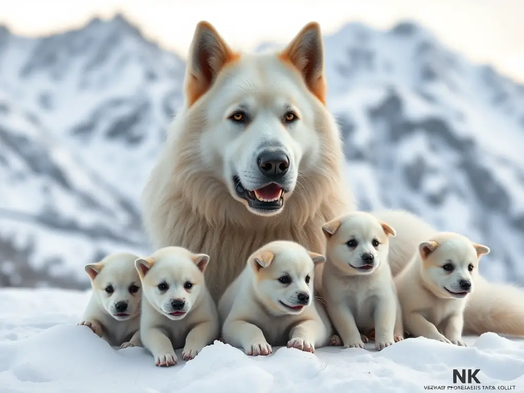 Fotorealista de un pastor caucasiano protegiendo cachorros en los Alpes