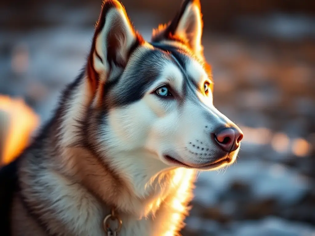Foto realista del husky mix de gran calidad con mirada azul y ronronar