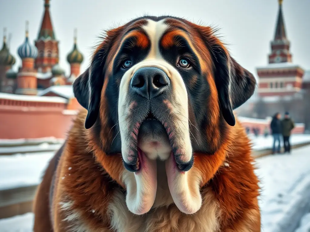 Foto realista de un Saint Bernard gigante en la muralla de Moscú