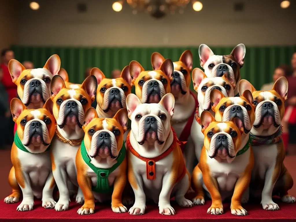 Fotorealistic retrato de diez Bulldogs puros elegantes con atuendo K9 en un espectáculo de perros