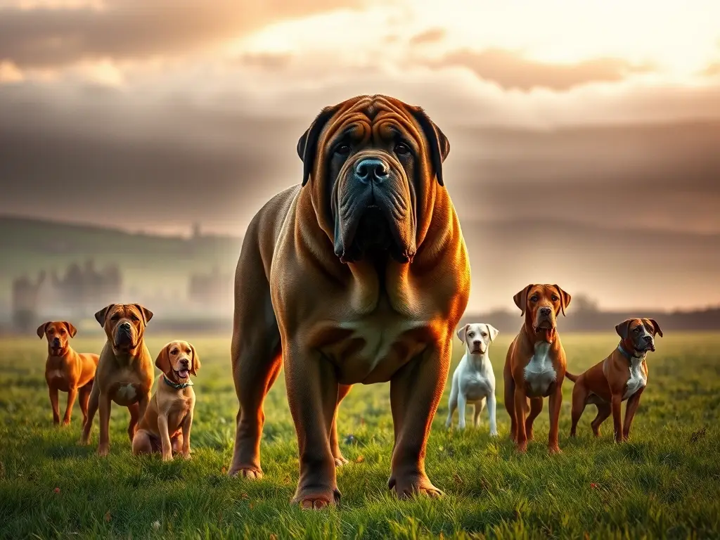 Mastín inglés majestuoso entre perros y campos