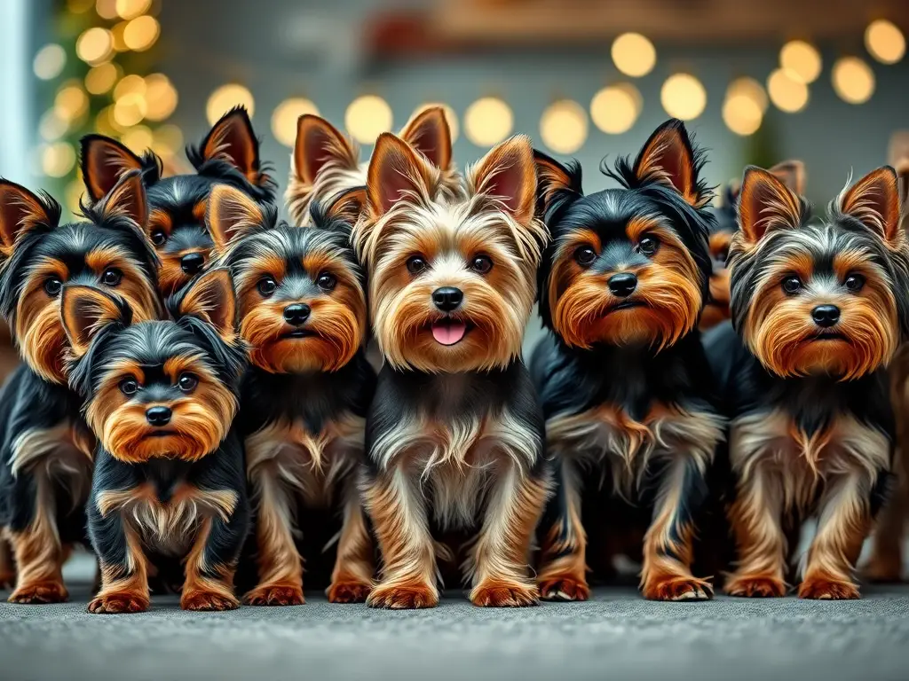 Foto realística de una manada de Yorkshire Terrier con luces navideñas en el fondo