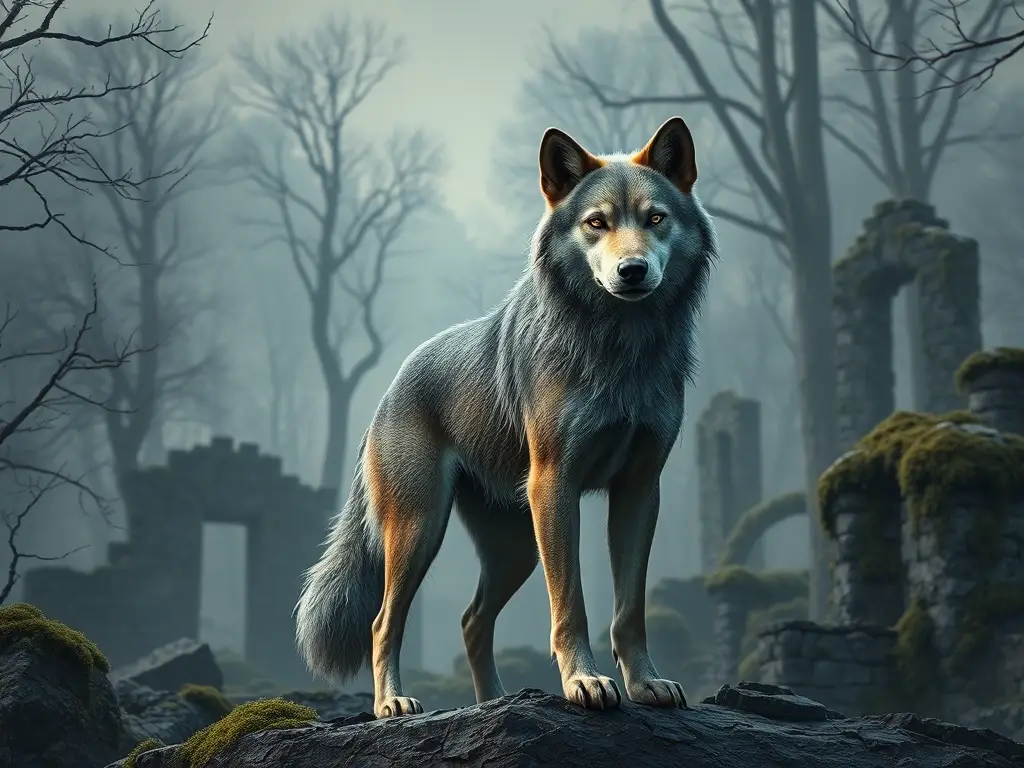Un perro Jindo con una expresión melancólica busca fantasmas en un bosque