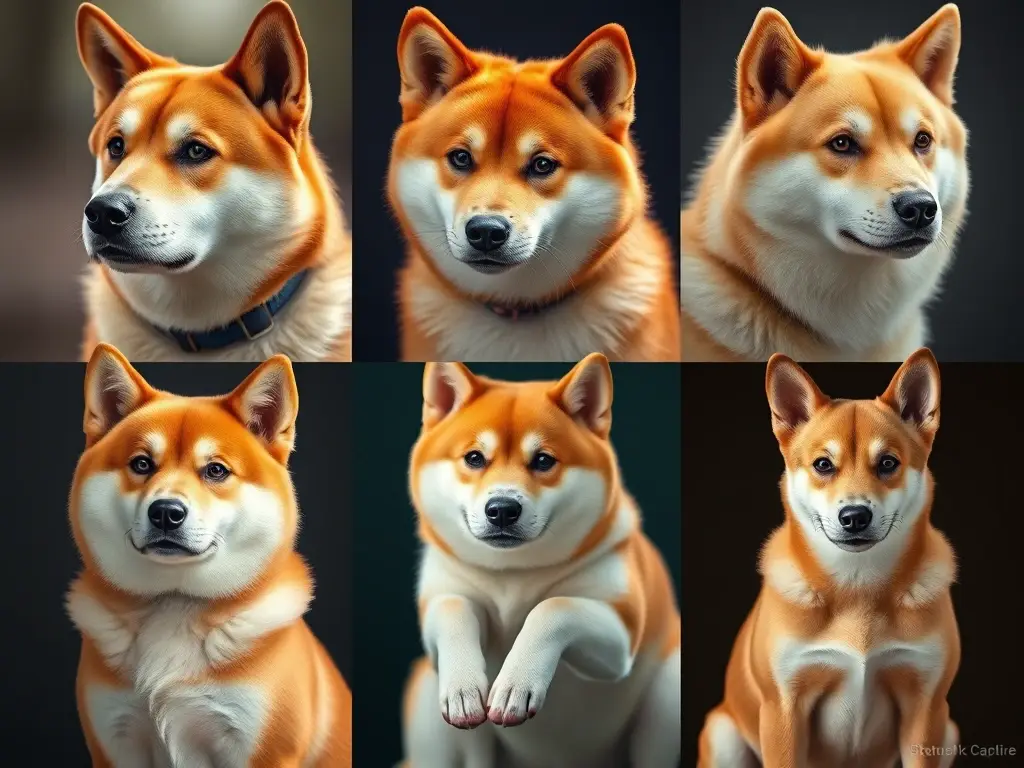 Fotorealista collage de 6 razas Jindo con retratos detallados y sin texto