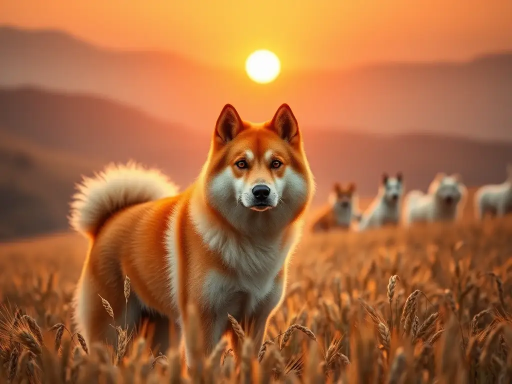 Jindo realista en campo al amanecer