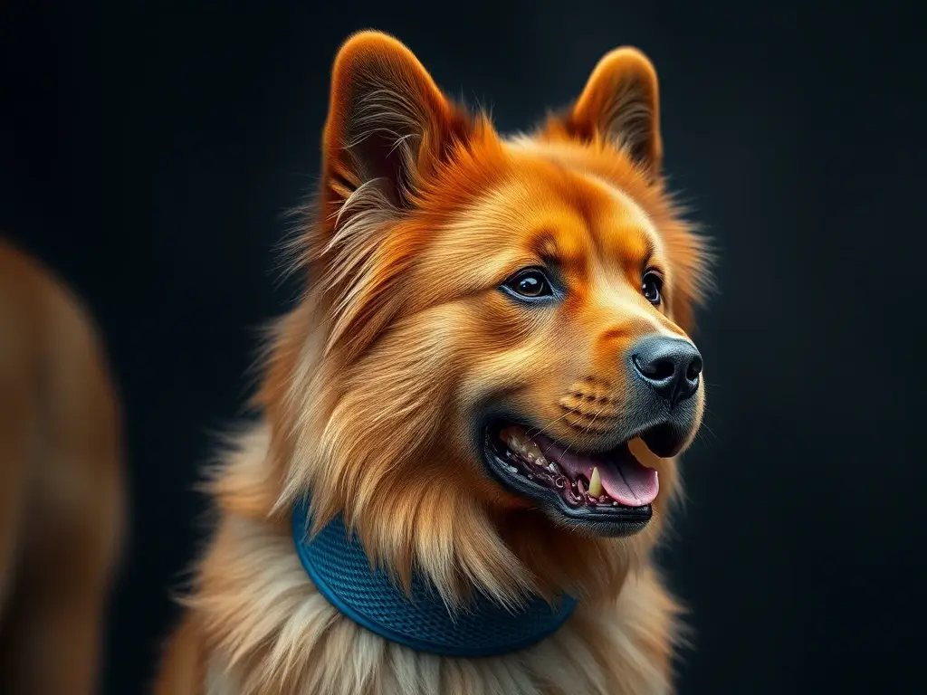 Fotorealistic retrato de un lowchen con collar azul y luce realista