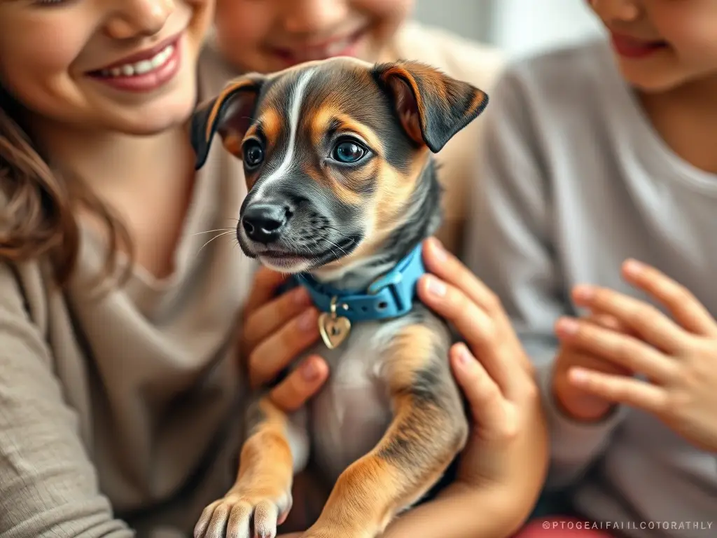 Foto realista de un cachorro mestizo con familia que lo adopta