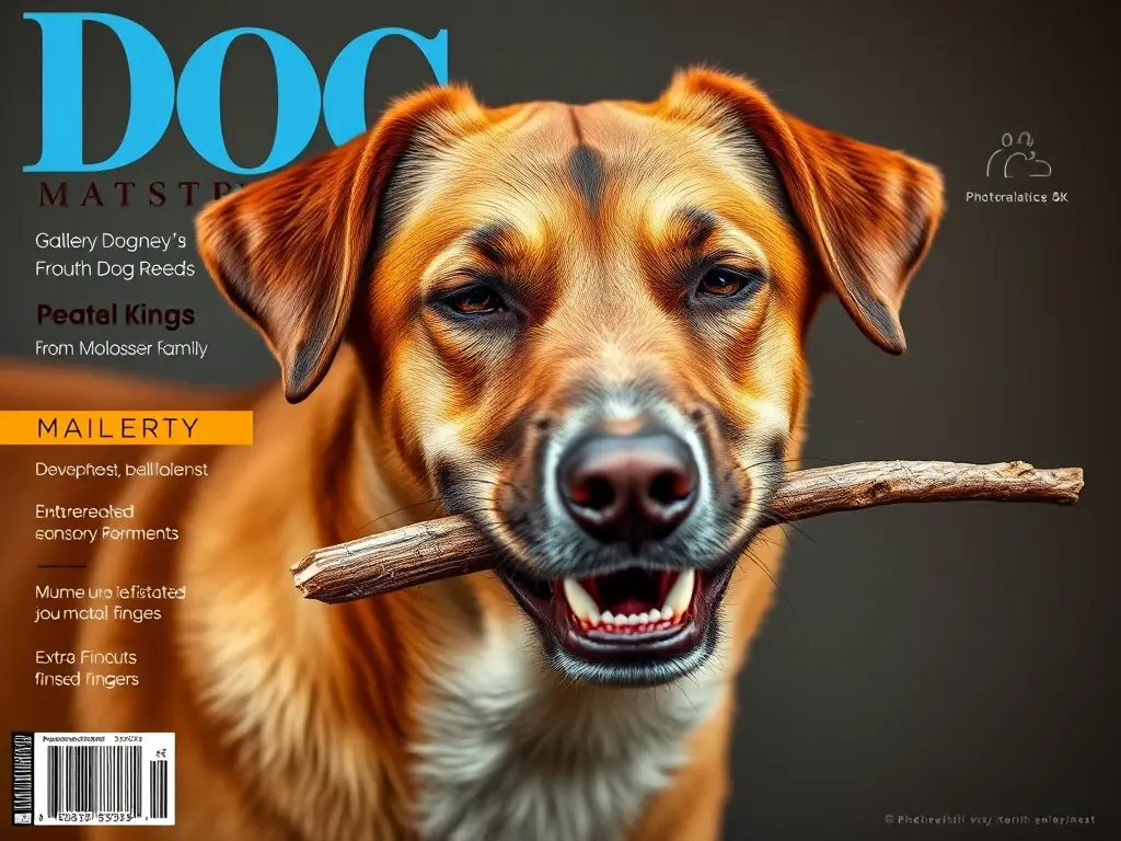 Fotografía realista de una revista de perros molossos, con un cachorro descansando