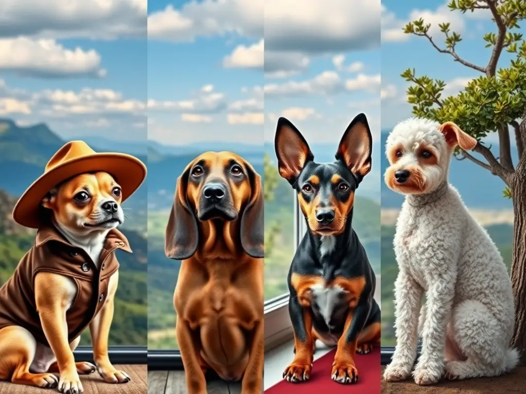 Fotografía realista de perros con orejas largas y paisaje, sin marcas