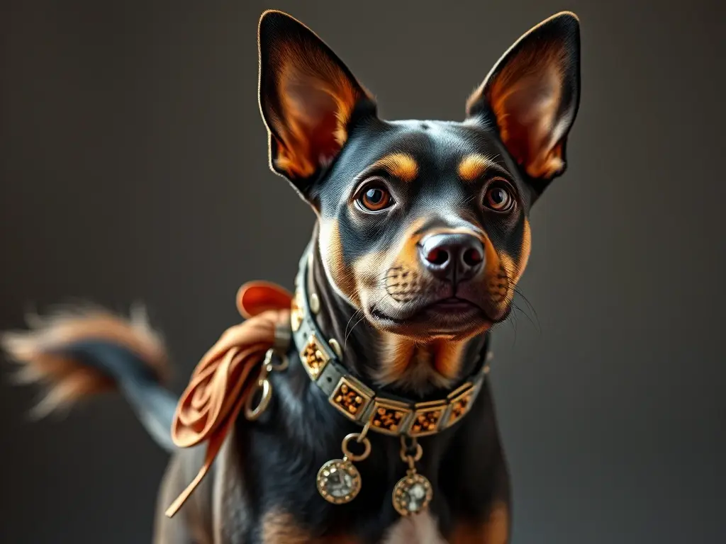Foto de un perro de raza rara con collar, luz natural, 8K